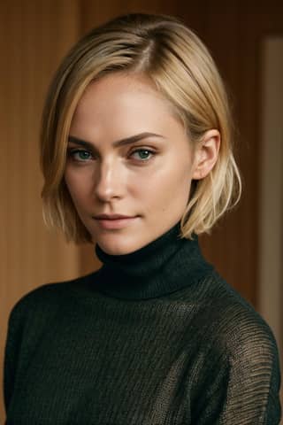 American actress and model with a short blonde bob and black turtle neck sweater.