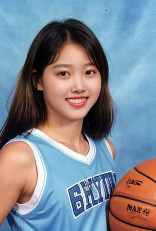 Una niña asiática con uniforme azul está sosteniendo un balón de baloncesto.