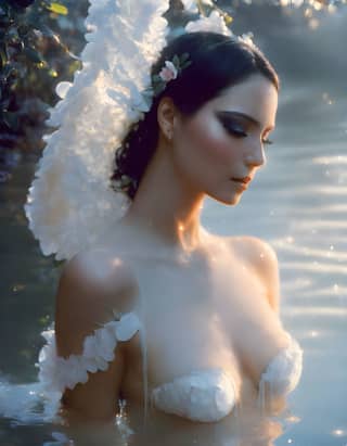 An angel in a white dress with wings and flowers, standing in the water.