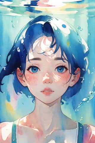 Anime girl with blue hair and eyes submerged in water.