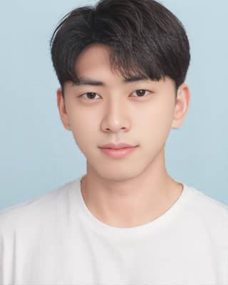 Asian man with short black hair wearing a white t-shirt and a white shirt in front of a blue background.