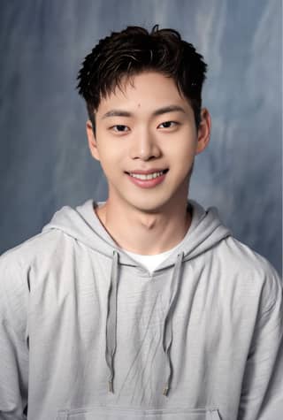 Asian man smiling in a gray hoodie.