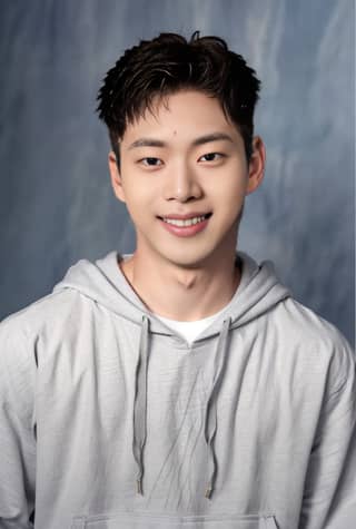 Homme asiatique souriant dans un sweat à capuche gris.