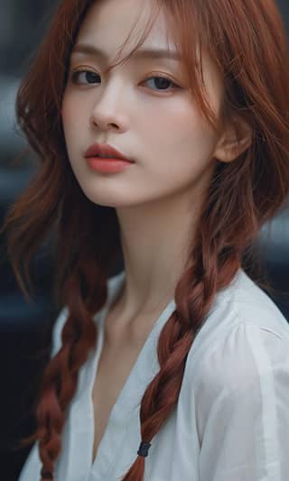 Beautiful Korean woman with long red hair and braids.