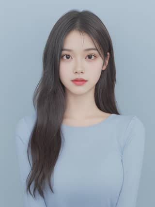 Beautiful young Korean girl with long hair and wearing a blue top and white shirt.