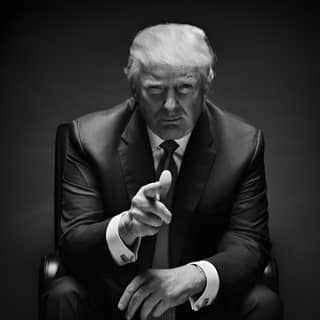 Black and white image of Donald Trump sitting in a chair, pointing at the camera.