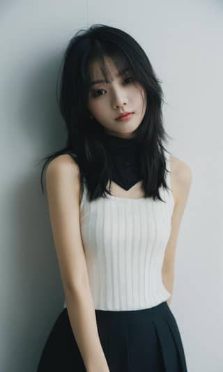 Chinese actress and model with long black hair and white tank top, best known for her role in a Korean drama.