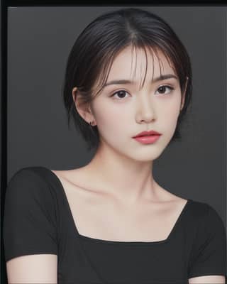 Model China dengan rambut pendek dan atasan hitam menunjukkan keindahan.