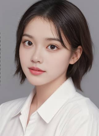 Model Cina dengan rambut pendek dan kemeja putih berpose untuk sebuah foto.