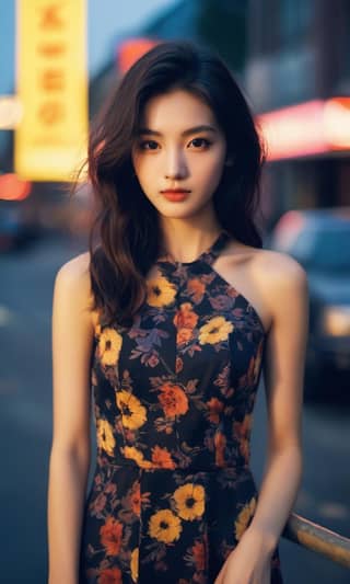 Chinese model wearing a floral dress standing on a street.