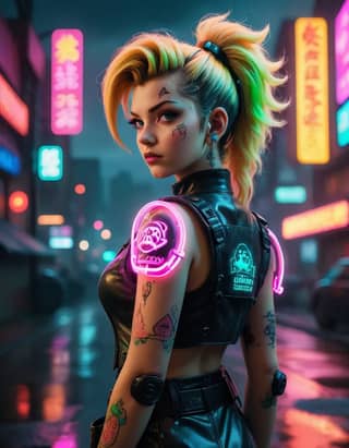 Cyberpunk girl with neon tattoos, hair, and piercings standing in the rain, representing the rapidly growing subculture of science fiction and fashion.