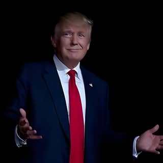 Donald Trump, Presidente de los Estados Unidos, en un traje y corbata roja con los brazos extendidos.