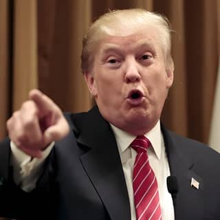 Donald Trump gestures at the camera while speaking, wearing a suit and tie.