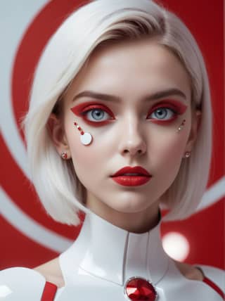 French artist known for her work in film with white hair, red makeup, and red lipstick, often seen in a white suit.