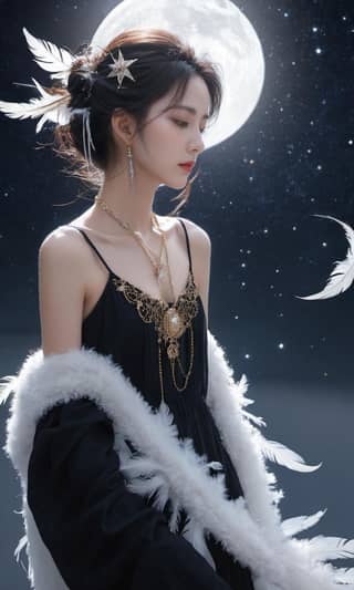 Girl in black dress with feathers looking at the moon.