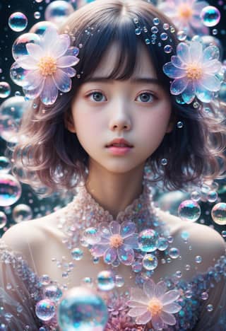 Girl with bubbles and flowers around her head.