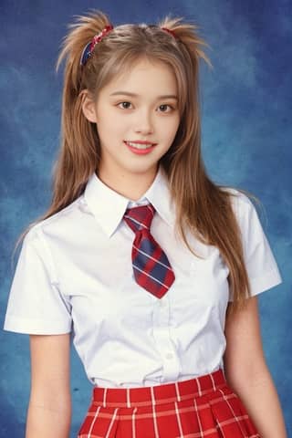 Girl in a school uniform posing for a photo, wearing a tie.