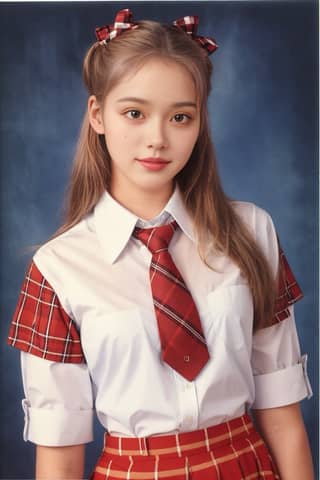 Girl wearing a red and white plaid skirt and white shirt, in a school uniform with a tie.