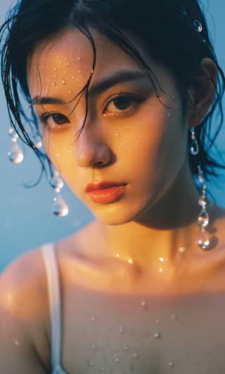 Japanese model and actress known for her role in the Korean film 'The Girl with the Dragon Tattoo' with water droplets on her face.