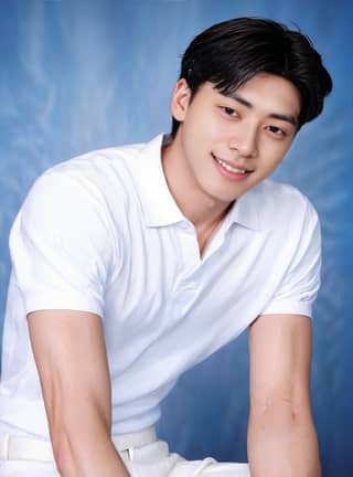 Korean actor known for his role in the TV series 'The Man Who Knew Too Much', posing for a photo in a white shirt against a blue background.