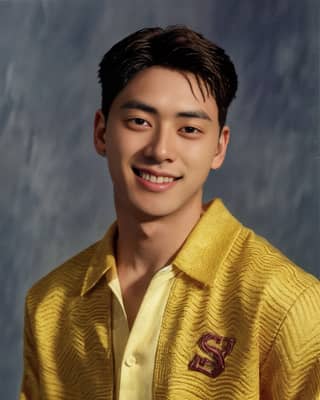 Korean actor known for his role in the TV series 'The Man Who Knew Too Much' smiling in a yellow shirt.