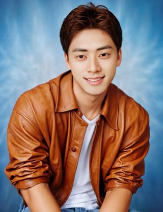 Korean actor known for his role in the drama 'The Man Who Knew Too Much', wearing a brown leather jacket and jeans.