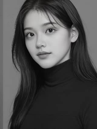 Attrice coreana nota per il suo ruolo nel prossimo drama 'The Girl Who Is the King of the Jungle', con lunghi capelli e indossando un dolcevita.