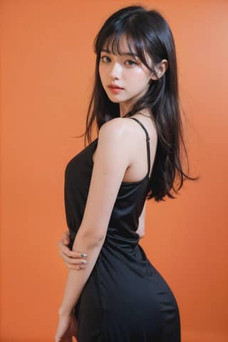 Korean actress and model known for her role in a Korean drama, wearing a black dress against an orange wall.