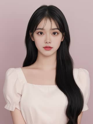 Korean girl with long black hair and white top.