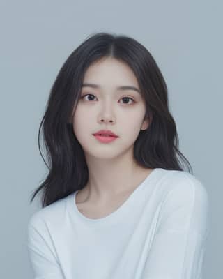 Korean girl with long black hair and white top.