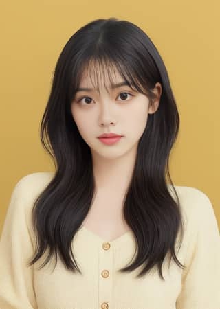 Korean girl with long black hair and yellow sweater, very cute.