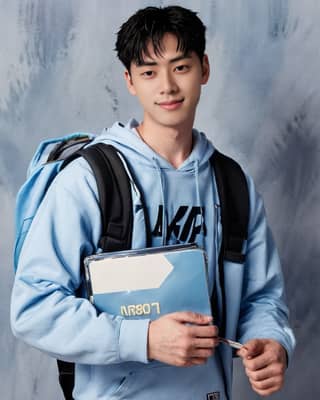 Estudiante masculino con una sudadera azul sosteniendo un libro y una carpeta, estudiante del año.