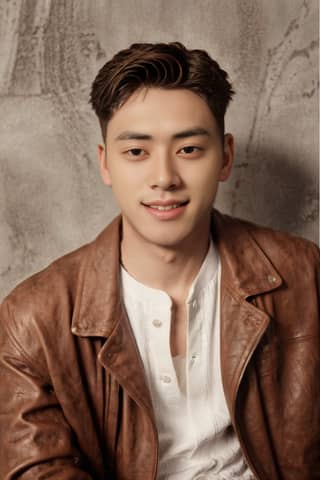 Man with a very short haircut in a brown leather jacket posing for a picture.