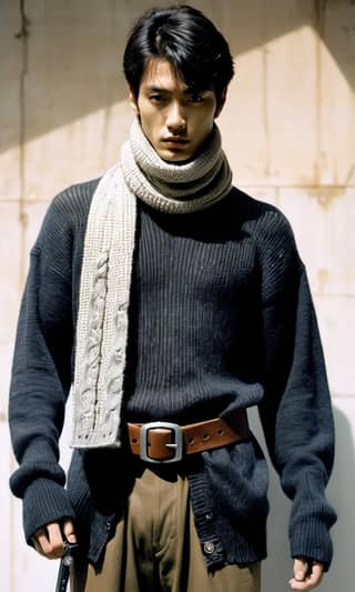 Man wearing a sweater and scarf standing in front of a wall.