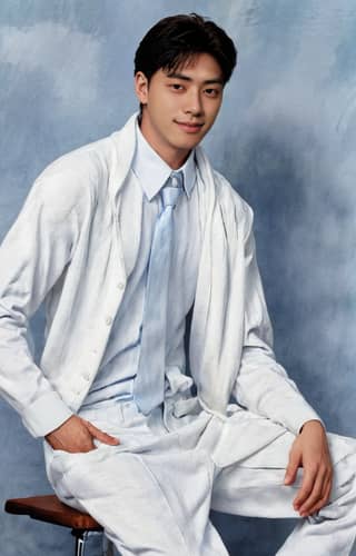 Man wearing a white suit and blue tie sitting on a chair.