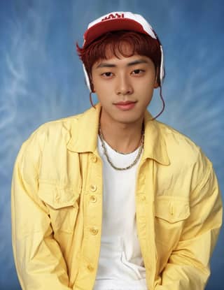 Man wearing a yellow jacket and headphones, posing for a picture in a white shirt and red cap.