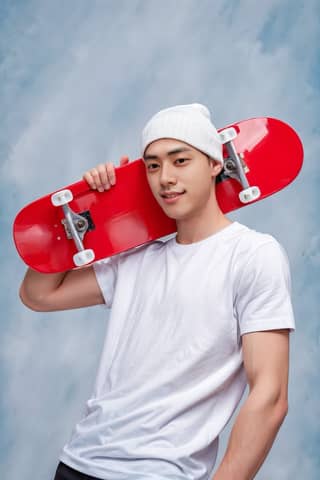 Man in white shirt holding a red skateboard