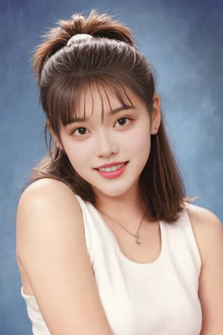 Ponytail, white top, blue background.