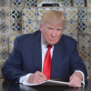 President Donald Trump signs a document at a desk.