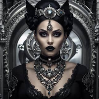 Russian gothic fashion designer known for exquisite costumes and jewelry, with black makeup and jewelry, wearing a black dress and a necklace.