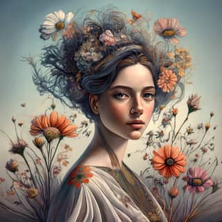 She adorned her hair with flowers and a crown with a blue sky as the background.