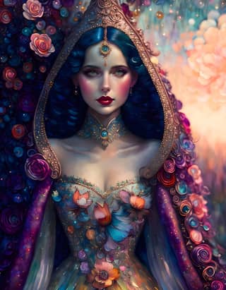 She has blue hair and flowers in her hair, wearing a colorful dress with flowers.