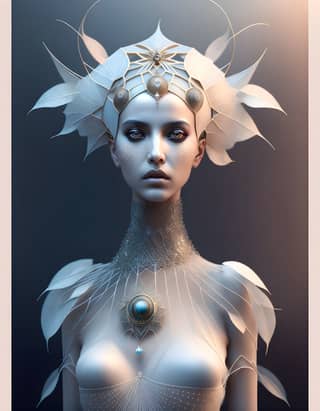 She wears white feathers and pearls on her head, along with a white dress and a flower headpiece.