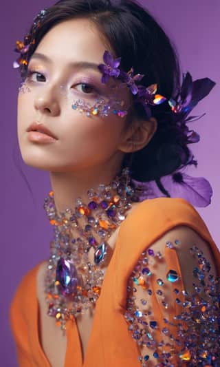 She wore purple makeup and jewels on her face, with a purple flower in her hair, enhancing her beauty.