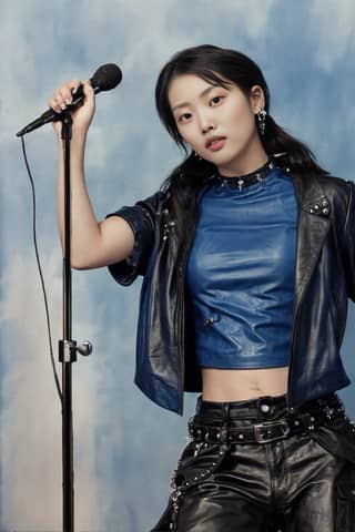 Cantante e attrice nota per il suo ruolo nel drama coreano 'The Girl Who Loved Me', indossando pantaloni di pelle e un top blu mentre tiene un microfono.