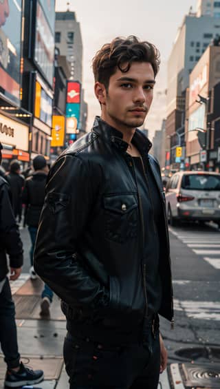 Standing in a city street in a black leather jacket.