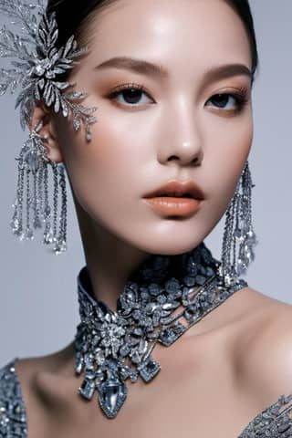 The Chinese model looks stunning in a silver dress and matching jewelry.