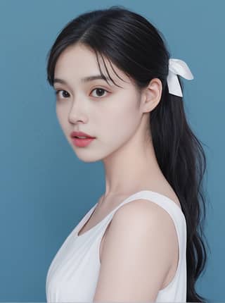 The Korean girl with long black hair and a white top looks beautiful with a white bow in her hair.