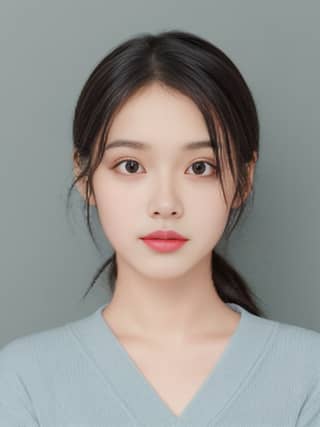 The Korean model has long dark hair and a red lip, wearing a blue sweater.