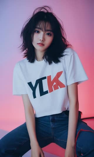 The girl is wearing a white shirt and jeans with the YK logo.